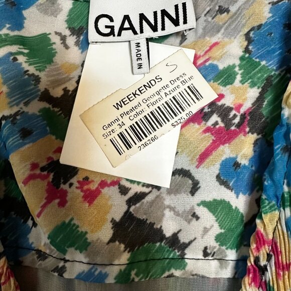 GANNI Pleated Georgette Midi Dress Puff Sleeves Smocked Floral Azure Blue NWT 4 - Picture 11 of 13